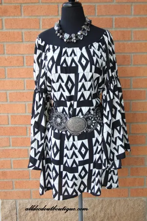 2 Tee Couture | Geometric Print Dress with Flare Sleeve