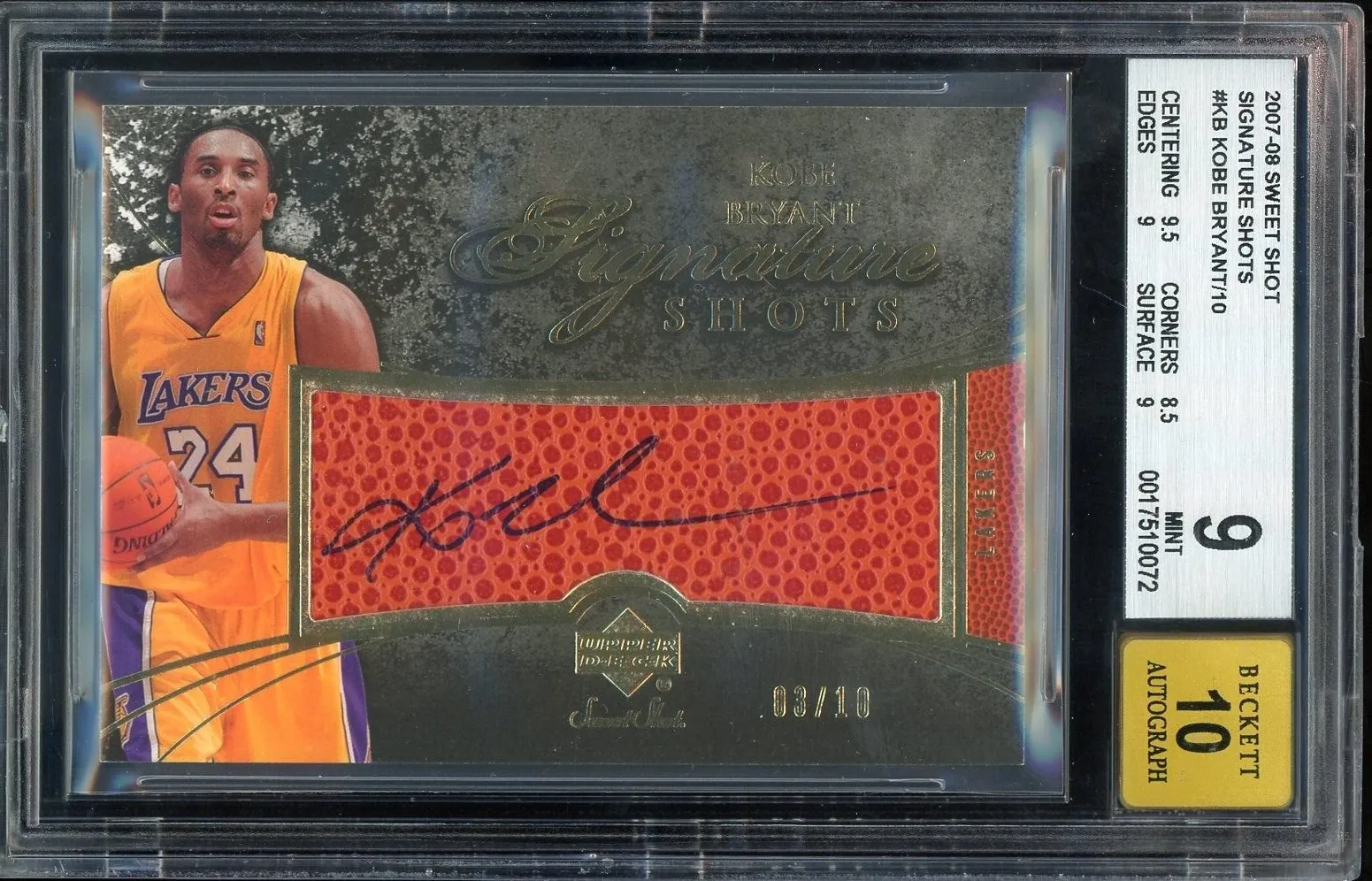 2007-08 Upper Deck Sweet Shot Signature /10 #SSKB Kobe Bryant BGS 9/10 Auto MINT