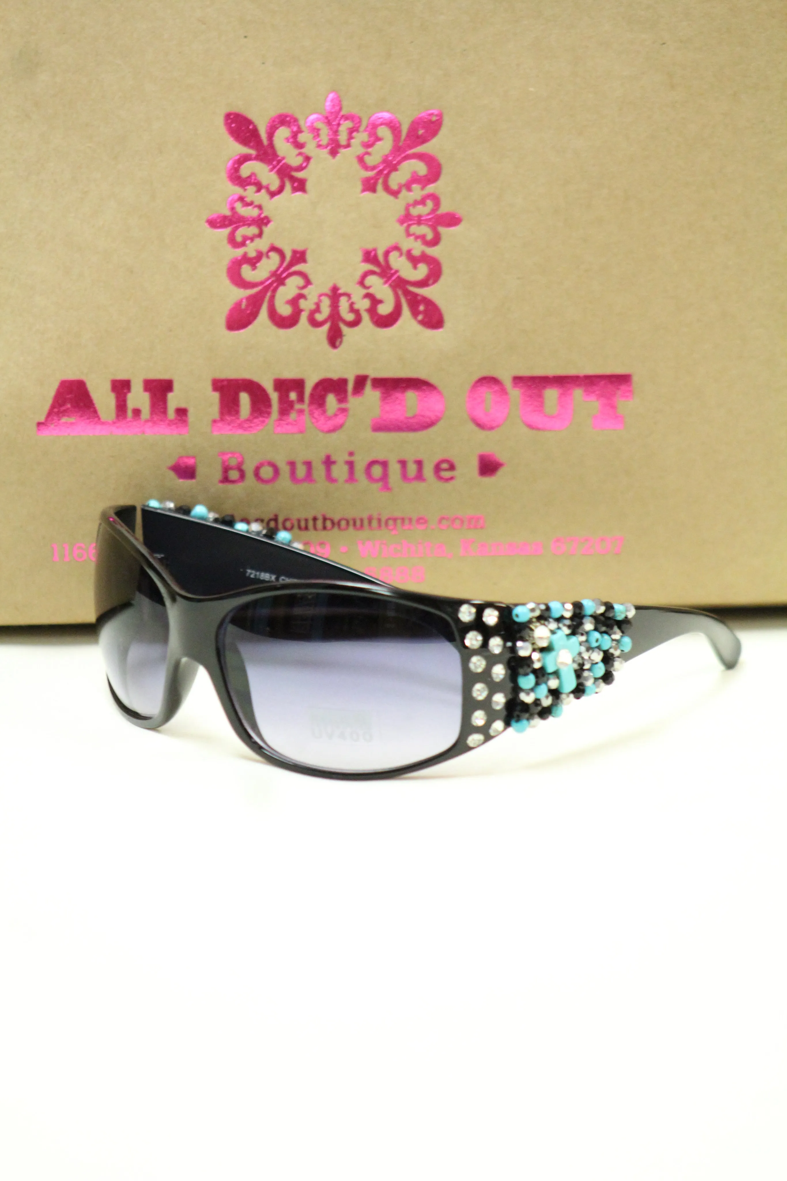 ADO | Customized Sunglasses Black with Turquoise Cross & Bling