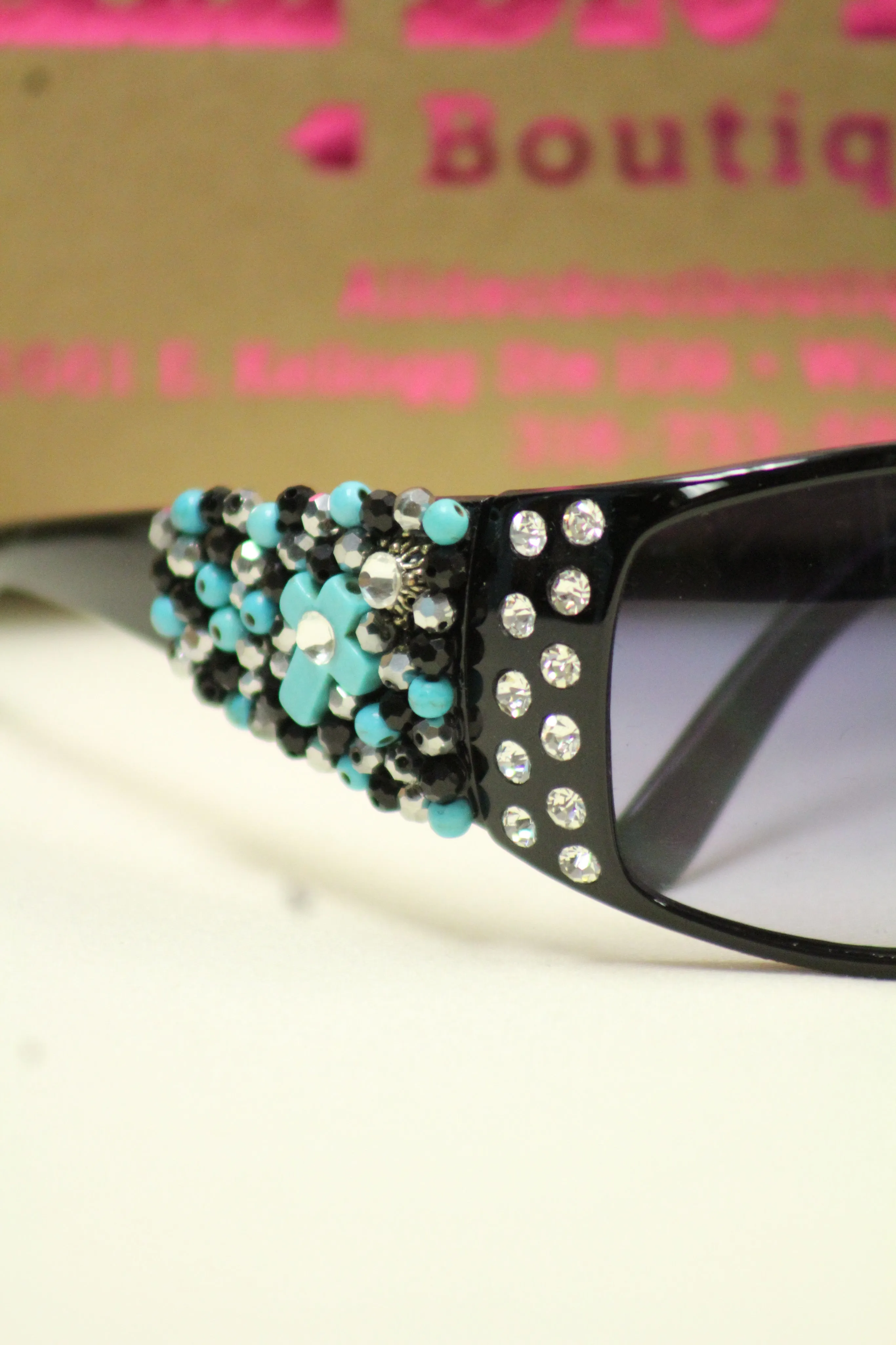 ADO | Customized Sunglasses Black with Turquoise Cross & Bling