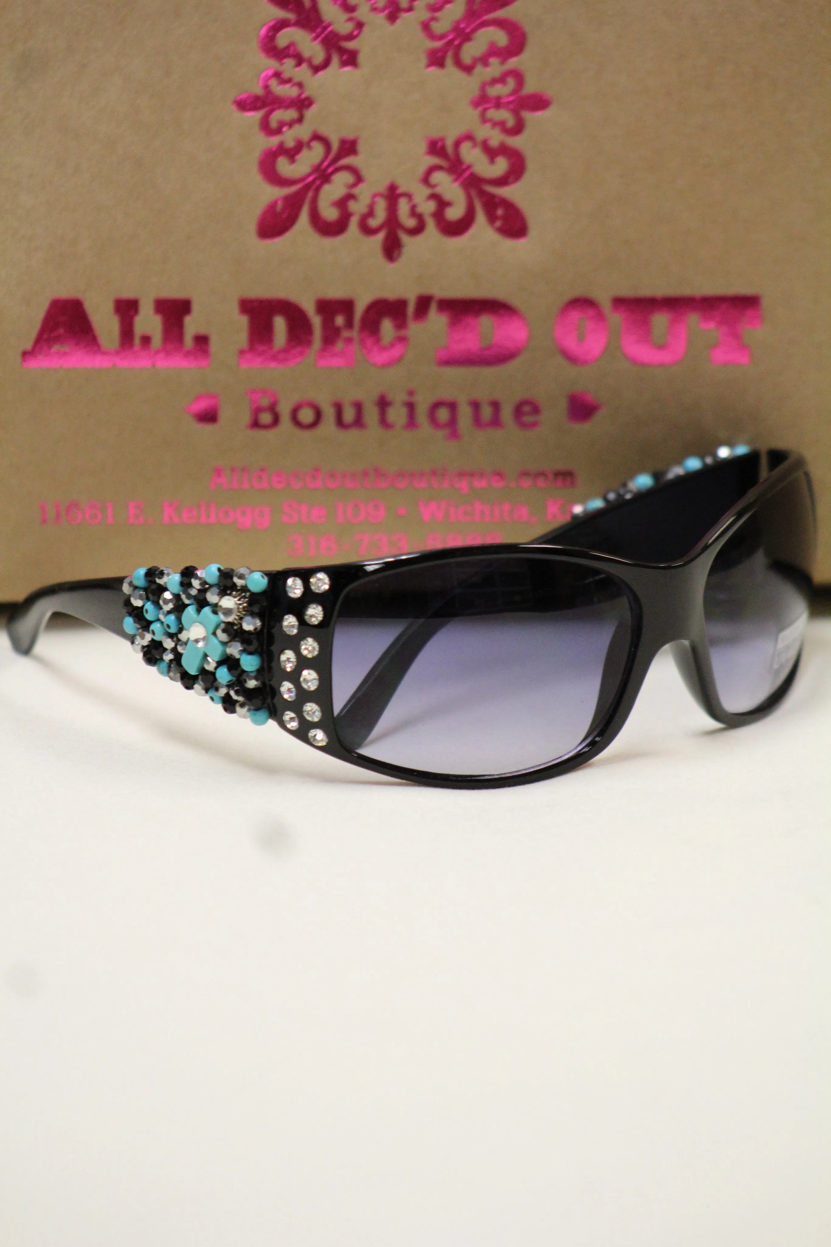 ADO | Customized Sunglasses Black with Turquoise Cross & Bling