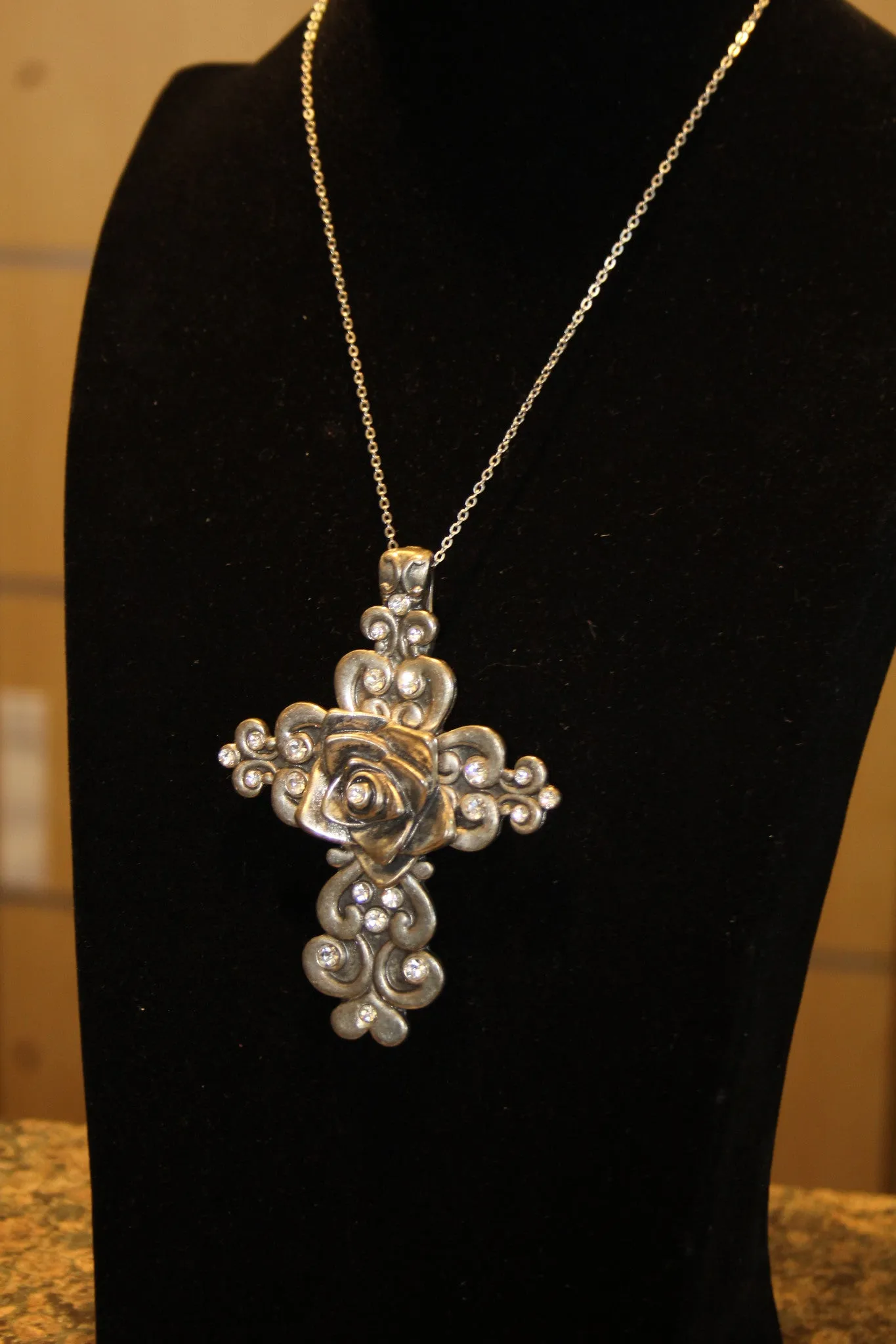 ADO | Engraved Cross with Rose Center & Crystals