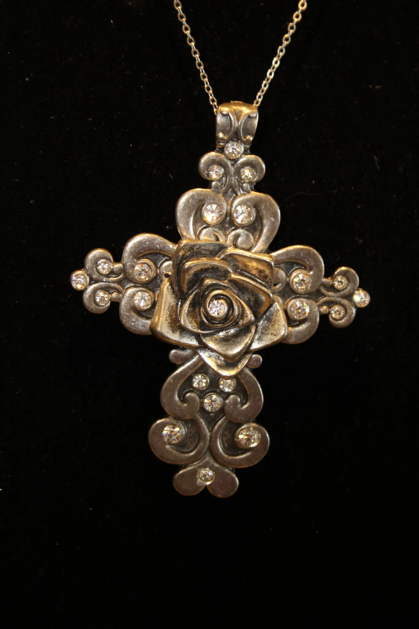 ADO | Engraved Cross with Rose Center & Crystals