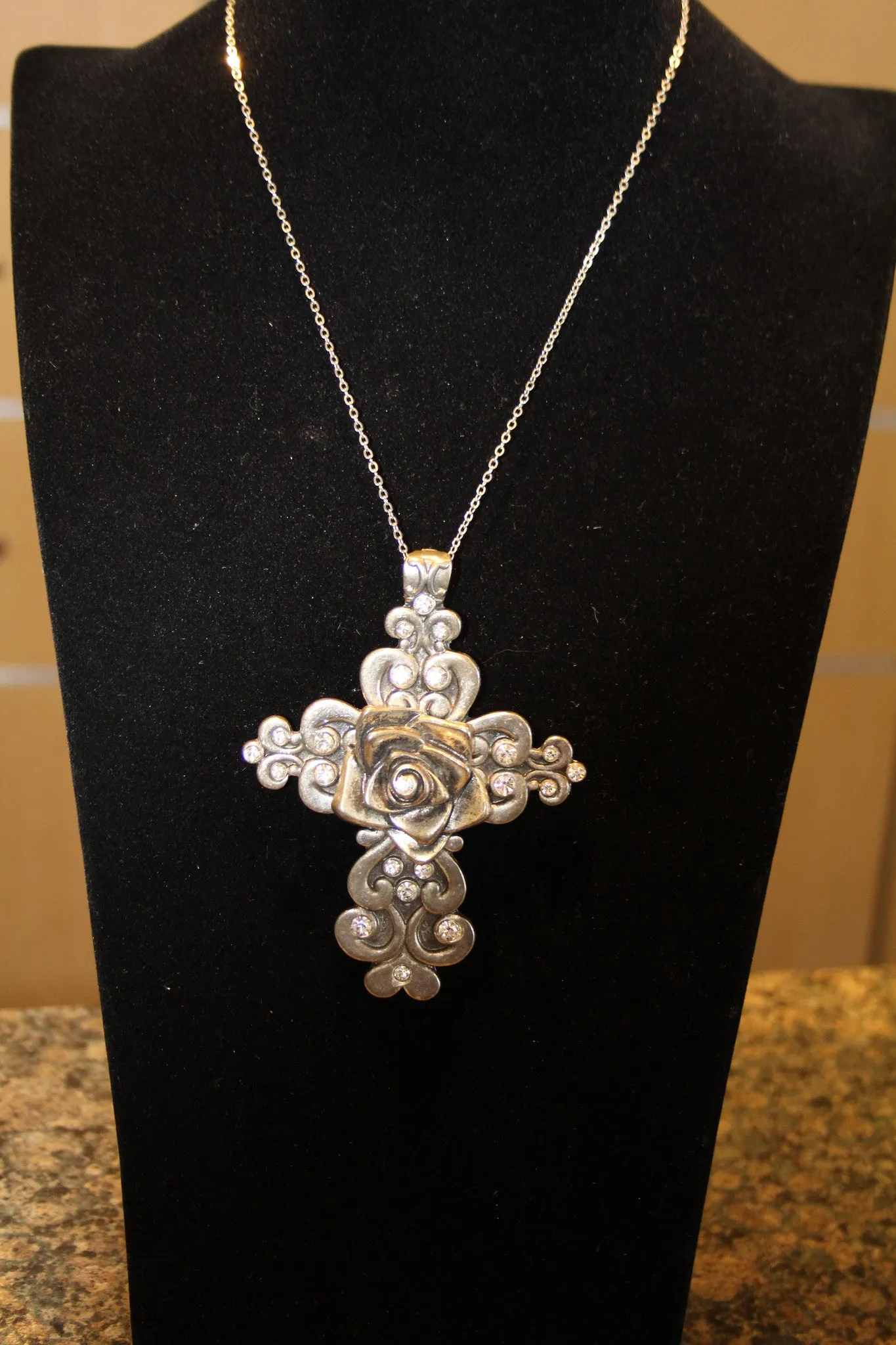 ADO | Engraved Cross with Rose Center & Crystals