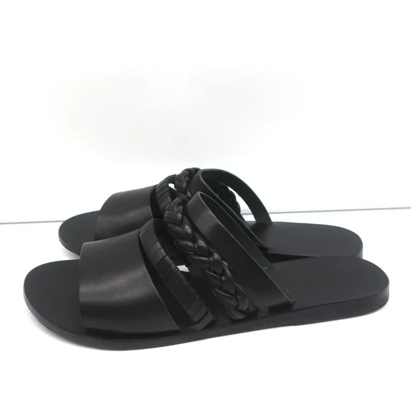 Ancient Greek Sandals Helene Slides Black Braided Leather Size 38