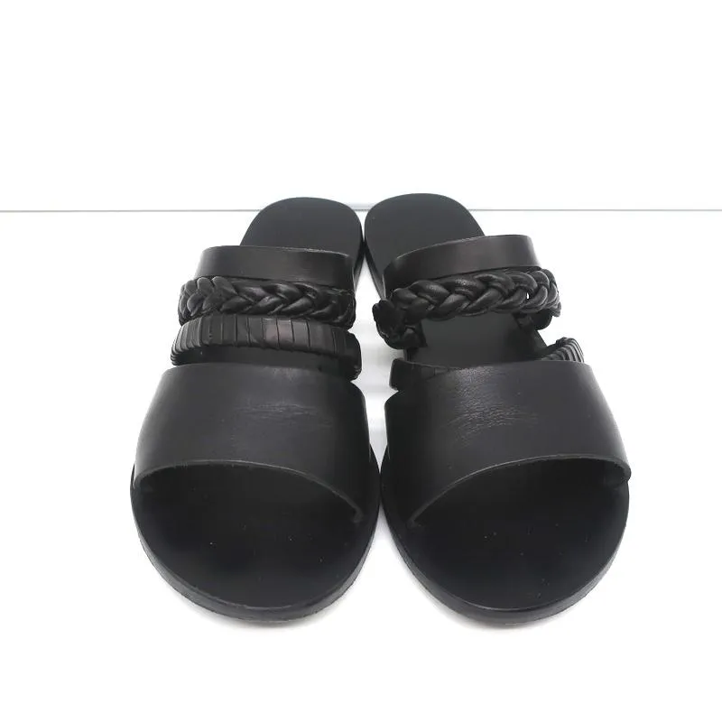 Ancient Greek Sandals Helene Slides Black Braided Leather Size 38