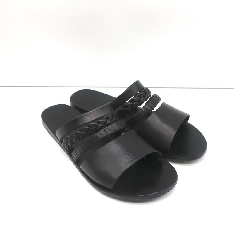 Ancient Greek Sandals Helene Slides Black Braided Leather Size 38