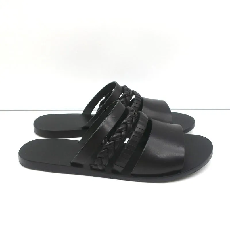 Ancient Greek Sandals Helene Slides Black Braided Leather Size 38