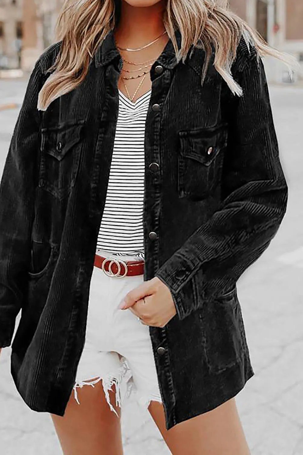 BerryBetty - Black Lapel Neck Button Women Jacket