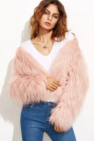 BerryBetty - Pink Shawl Collar Cropped Faux Fur Shearling Coat
