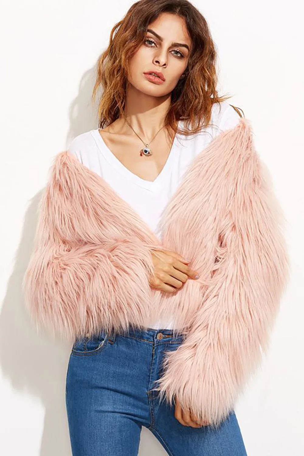 BerryBetty - Pink Shawl Collar Cropped Faux Fur Shearling Coat