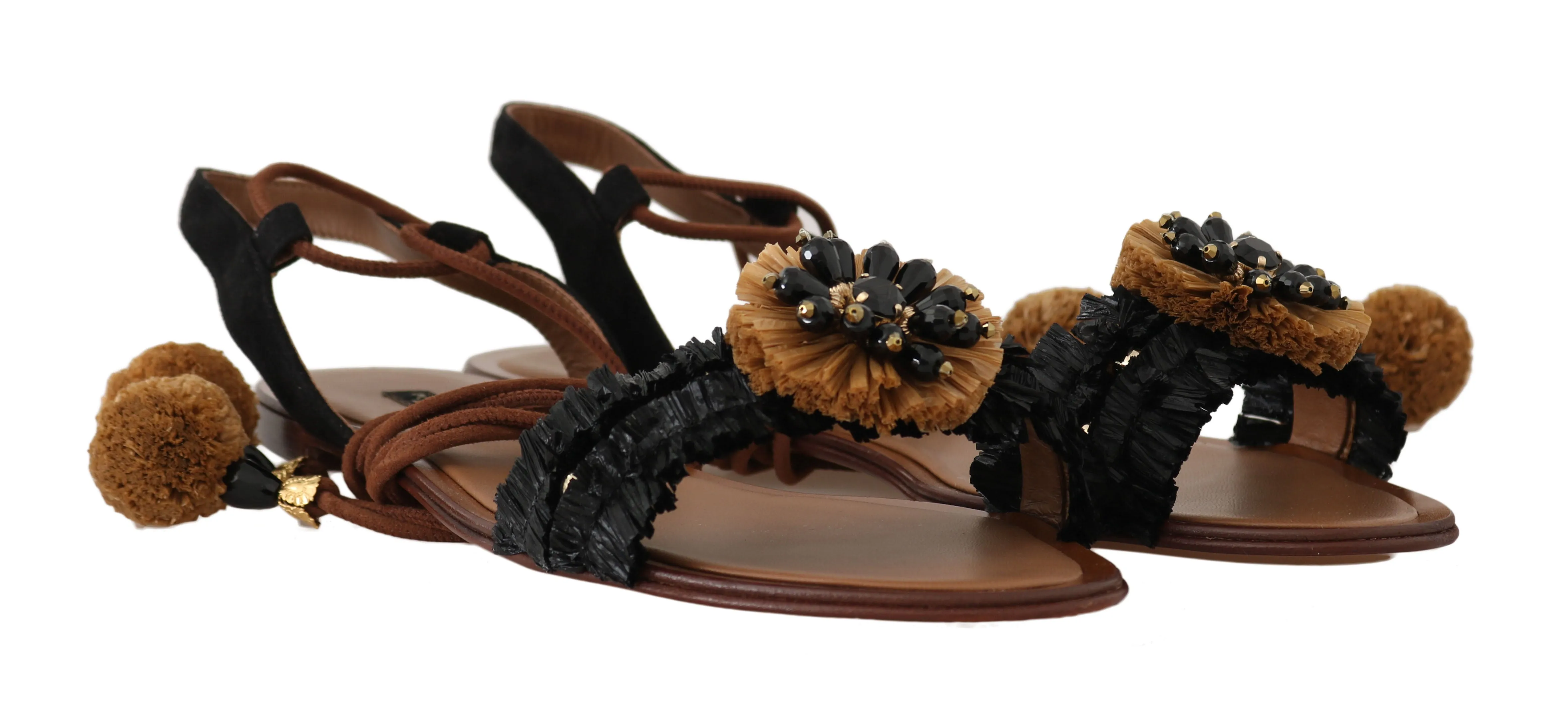 Black Straw Leather Crystal Sandals