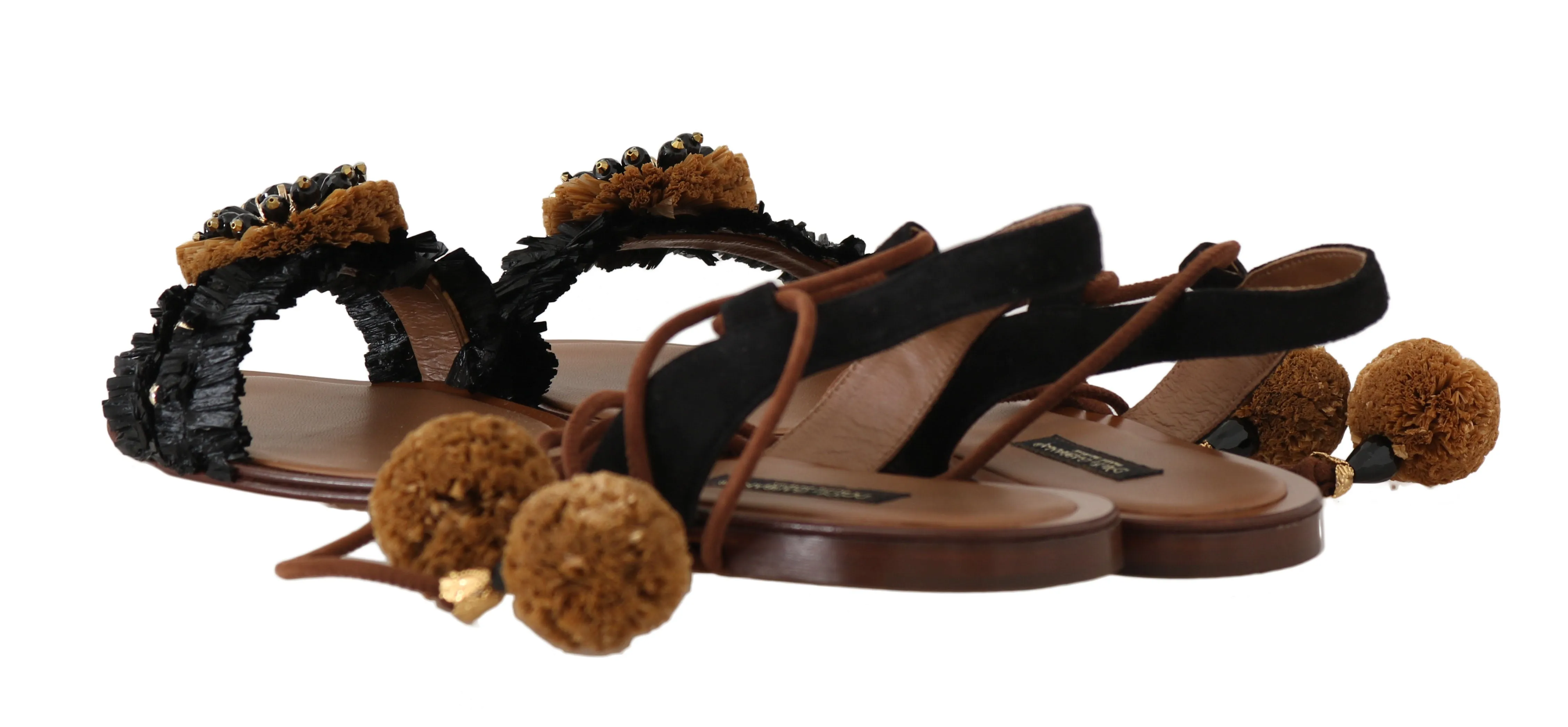 Black Straw Leather Crystal Sandals