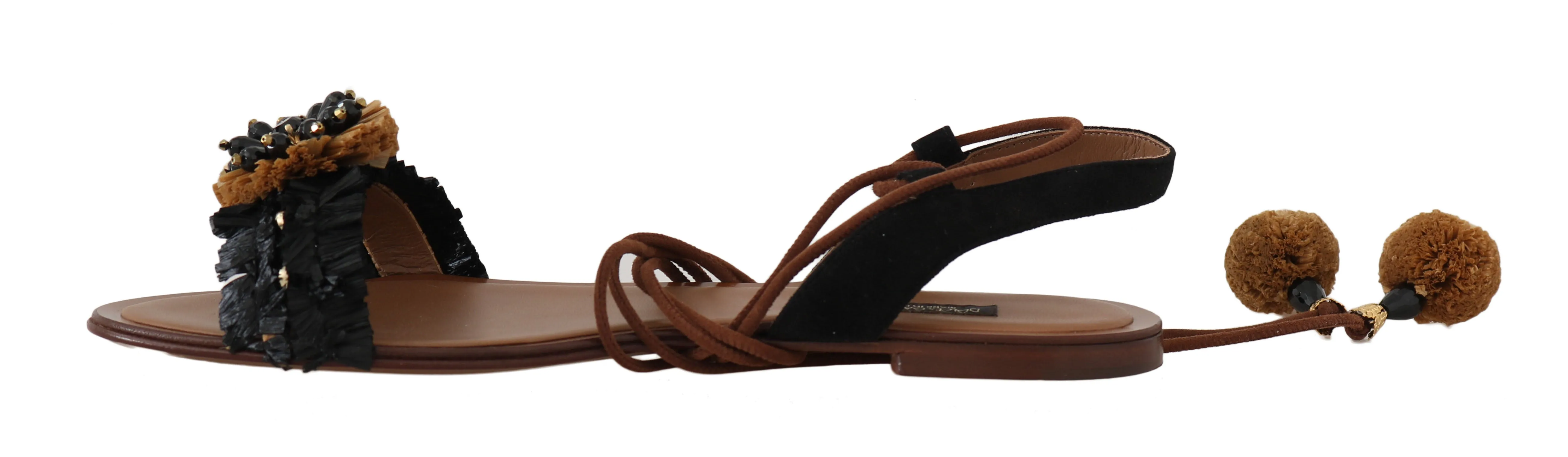 Black Straw Leather Crystal Sandals