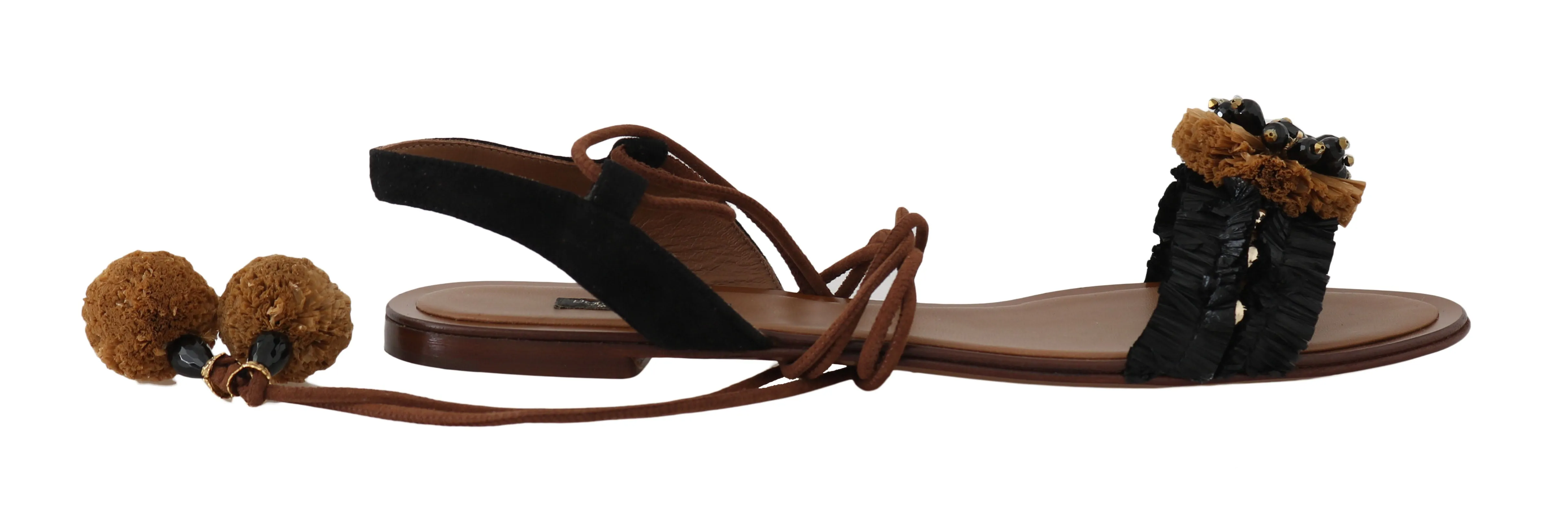 Black Straw Leather Crystal Sandals