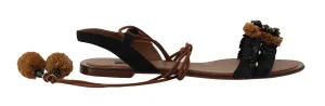 Black Straw Leather Crystal Sandals