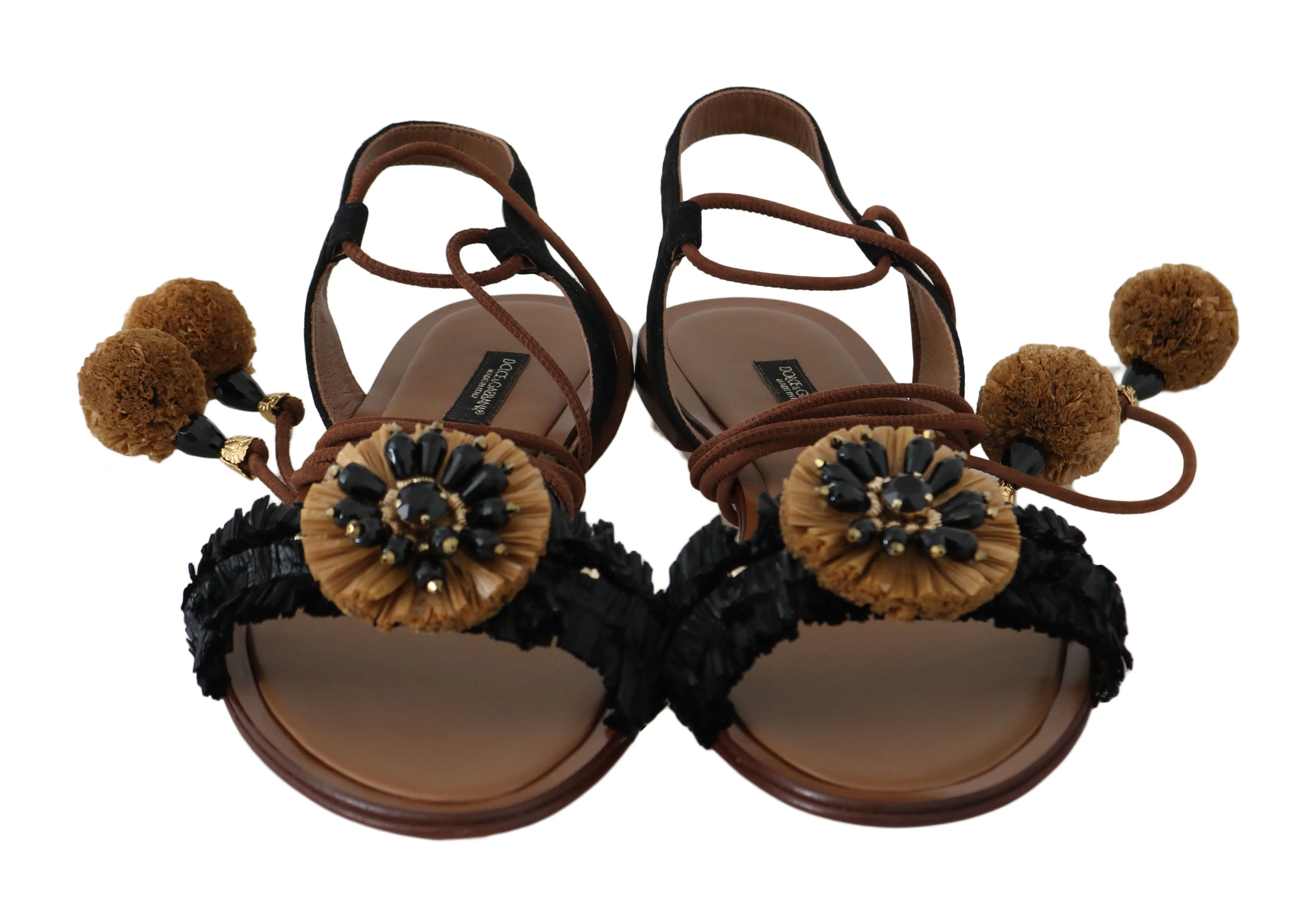 Black Straw Leather Crystal Sandals