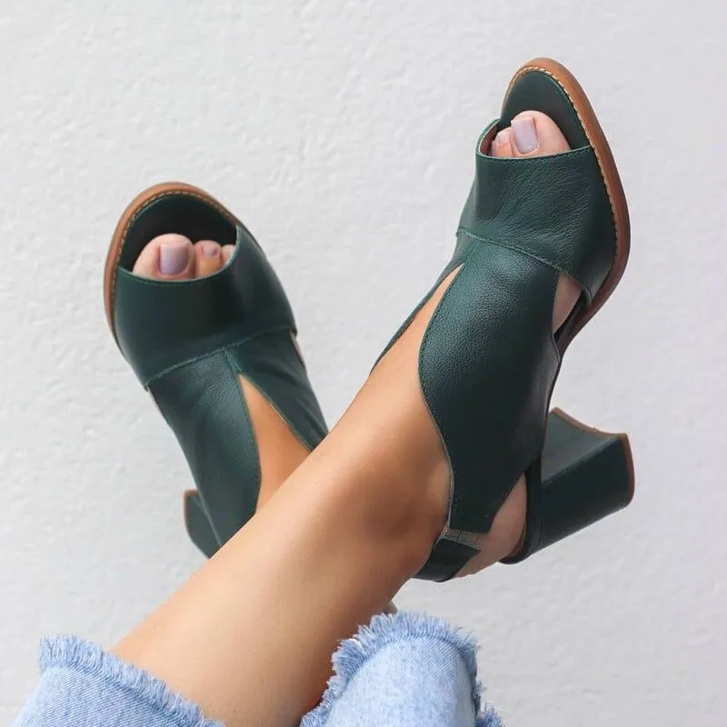 Block Heel Leather Sandals with Peep-Toe and Open Back