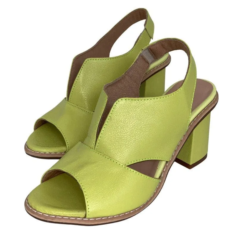 Block Heel Leather Sandals with Peep-Toe and Open Back