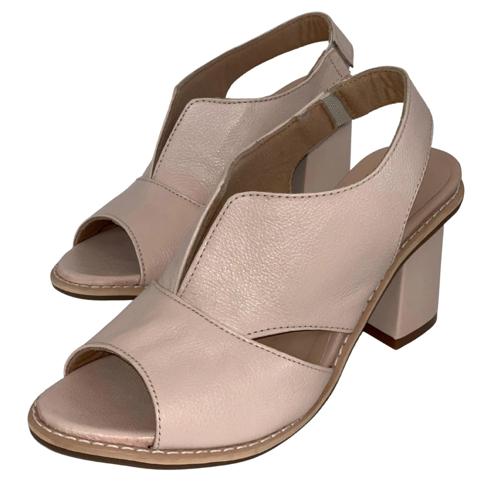 Block Heel Leather Sandals with Peep-Toe and Open Back