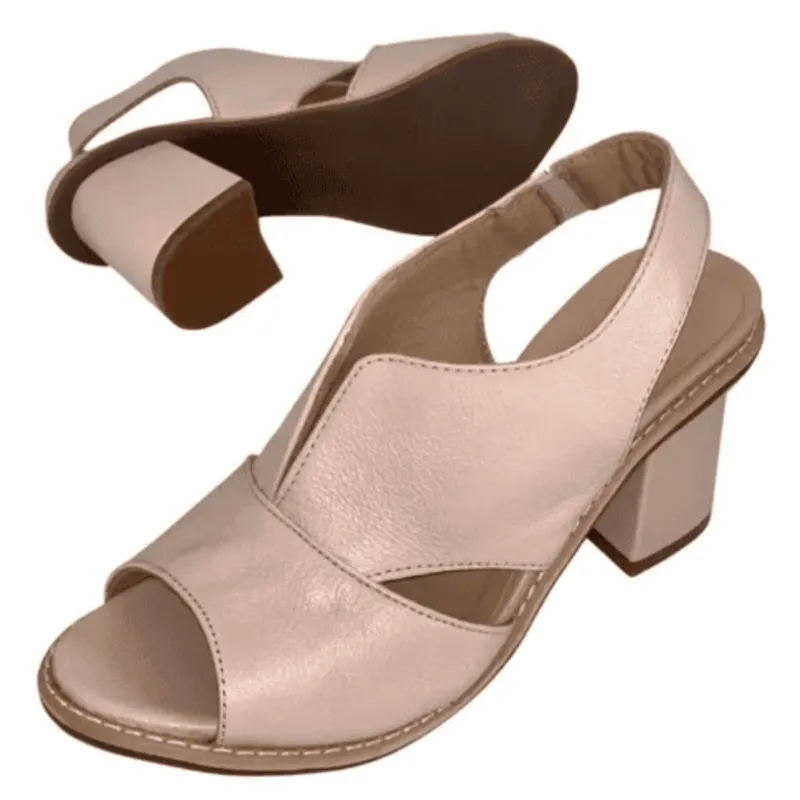 Block Heel Leather Sandals with Peep-Toe and Open Back