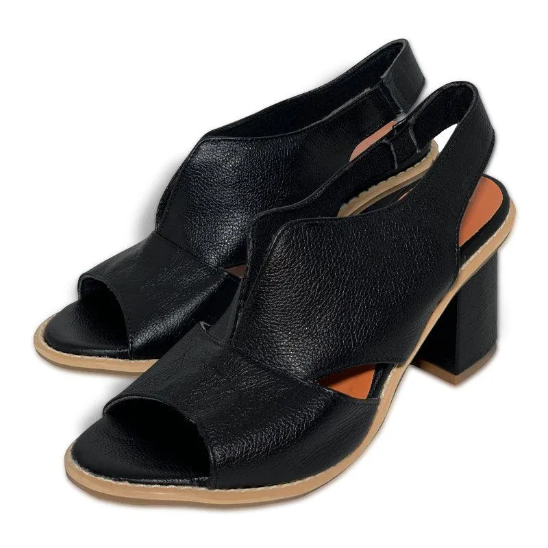 Block Heel Leather Sandals with Peep-Toe and Open Back