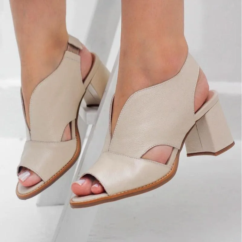 Block Heel Leather Sandals with Peep-Toe and Open Back
