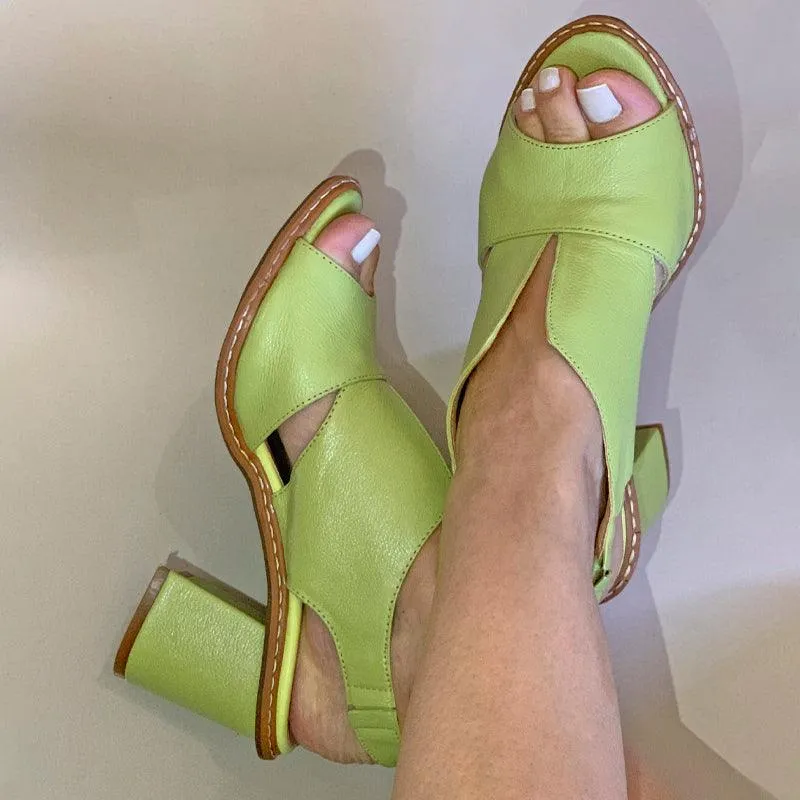 Block Heel Leather Sandals with Peep-Toe and Open Back