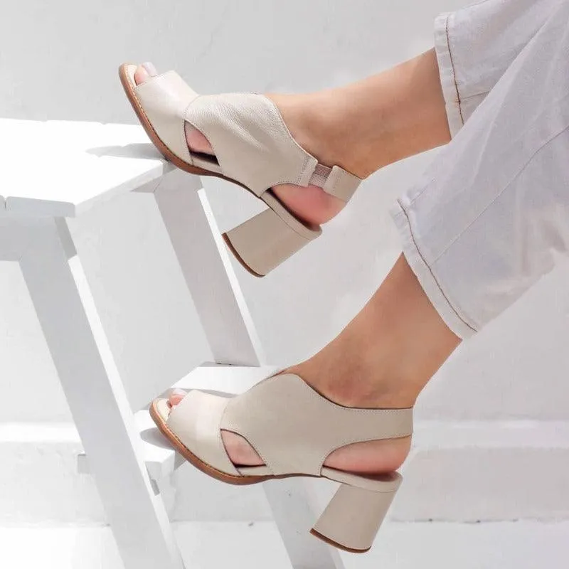 Block Heel Leather Sandals with Peep-Toe and Open Back