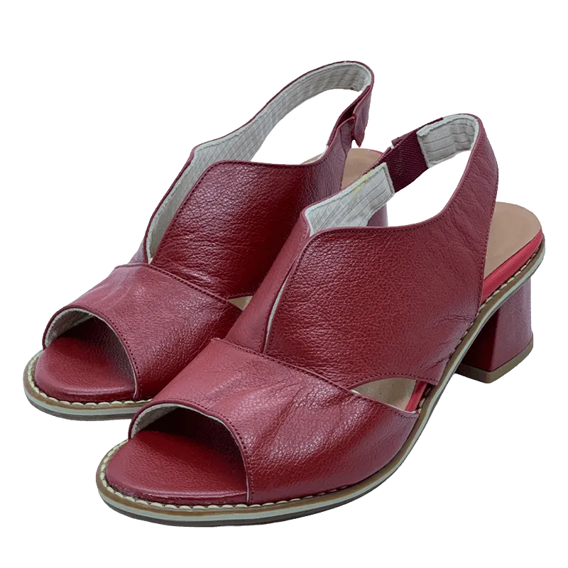 Block Heel Leather Sandals with Peep-Toe and Open Back