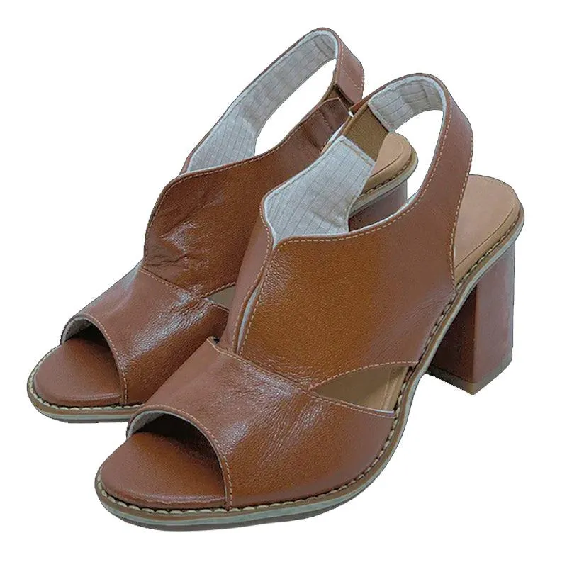 Block Heel Leather Sandals with Peep-Toe and Open Back