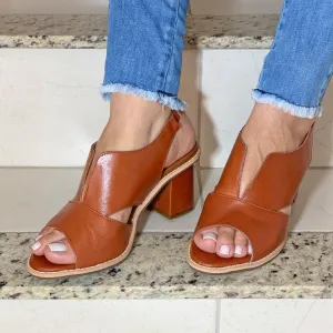 Block Heel Leather Sandals with Peep-Toe and Open Back