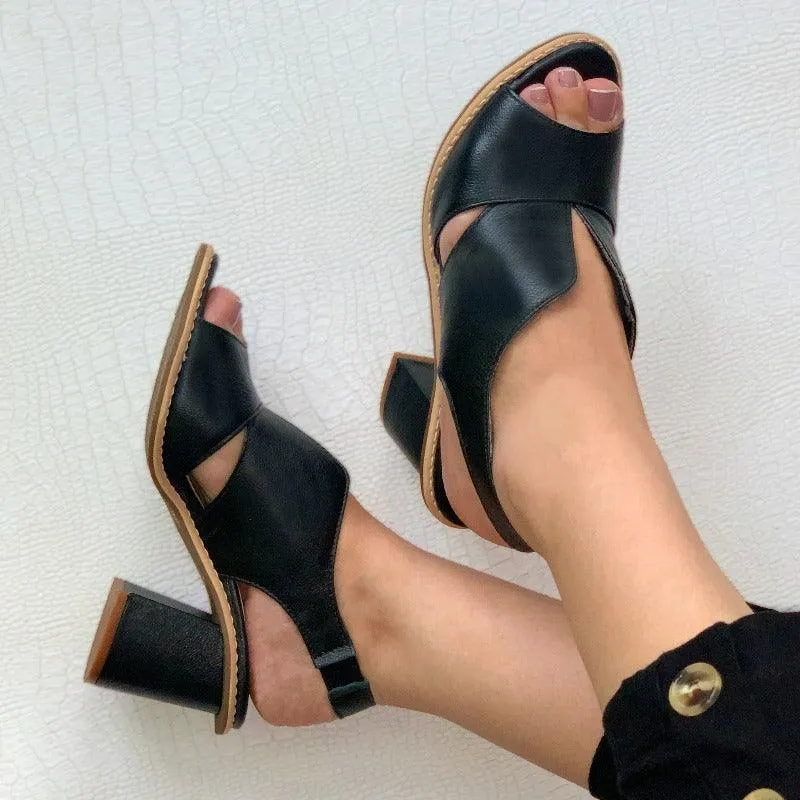Block Heel Leather Sandals with Peep-Toe and Open Back