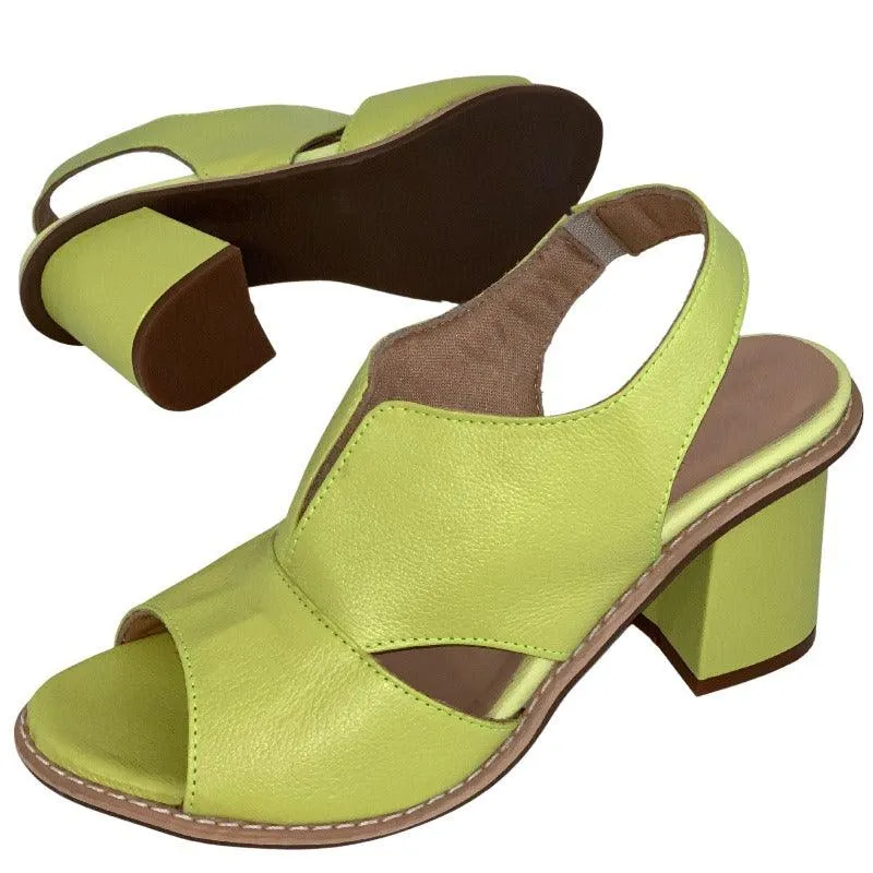 Block Heel Leather Sandals with Peep-Toe and Open Back
