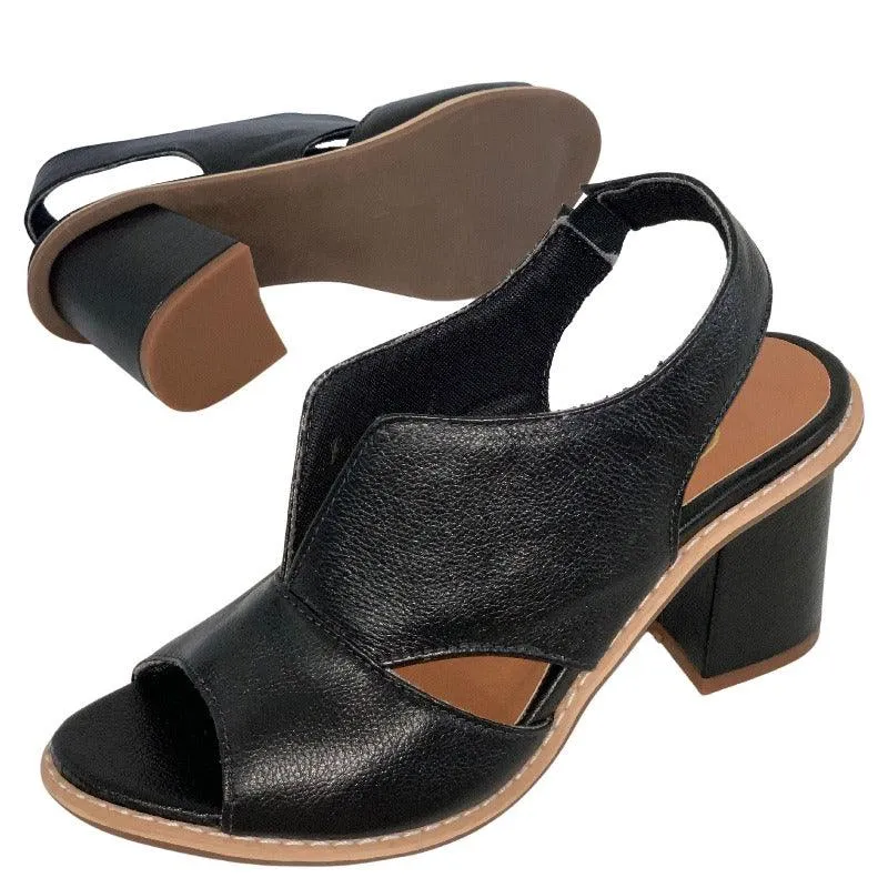 Block Heel Leather Sandals with Peep-Toe and Open Back
