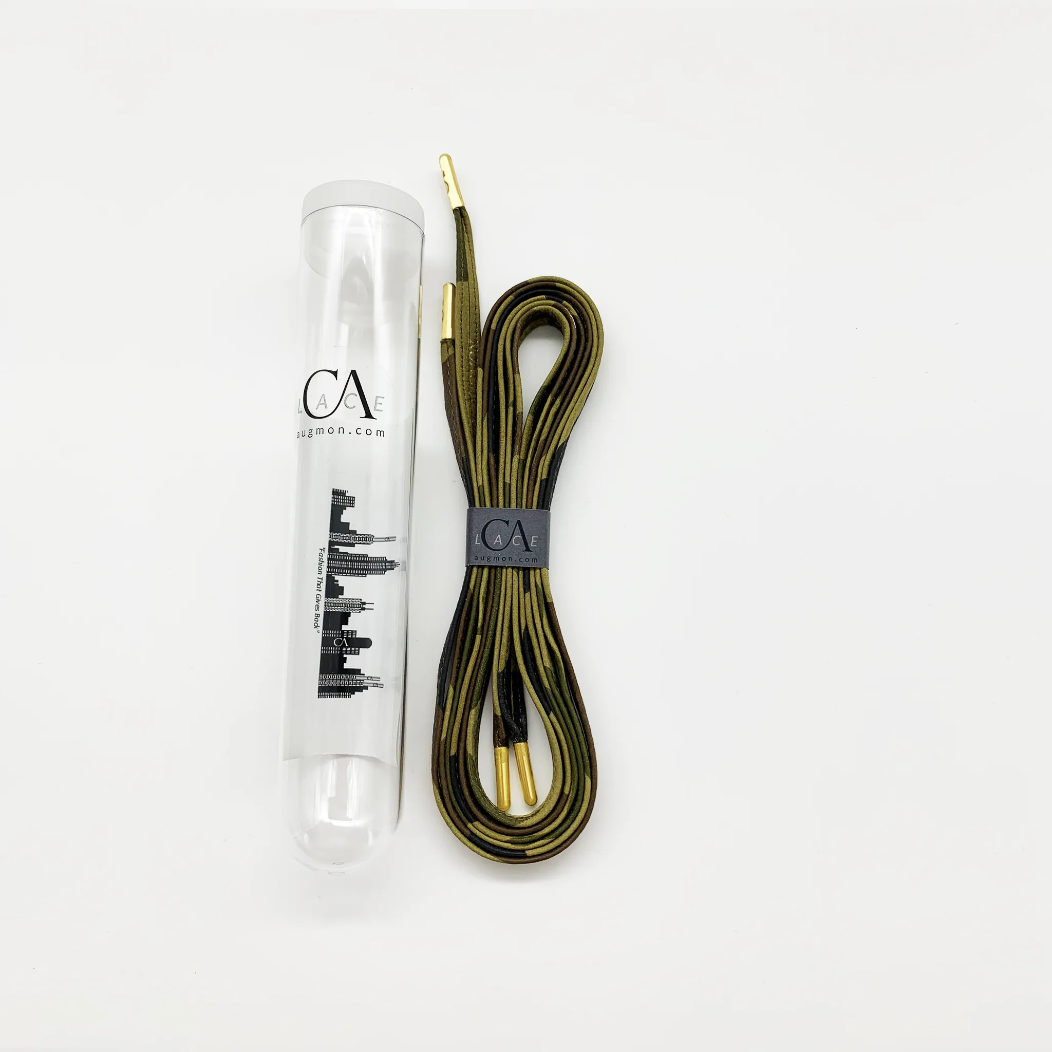 CA Lace “Green Camouflage” Italian Leather Hand Crafted Shoe Laces with Custom CA Brass Aglet