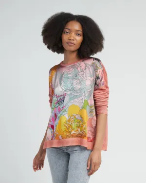 cashmere silk round neck pullover with front peonies silk - rosa