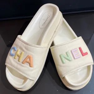 Chanel Cream Leather CHA NEL Multicolor Slides