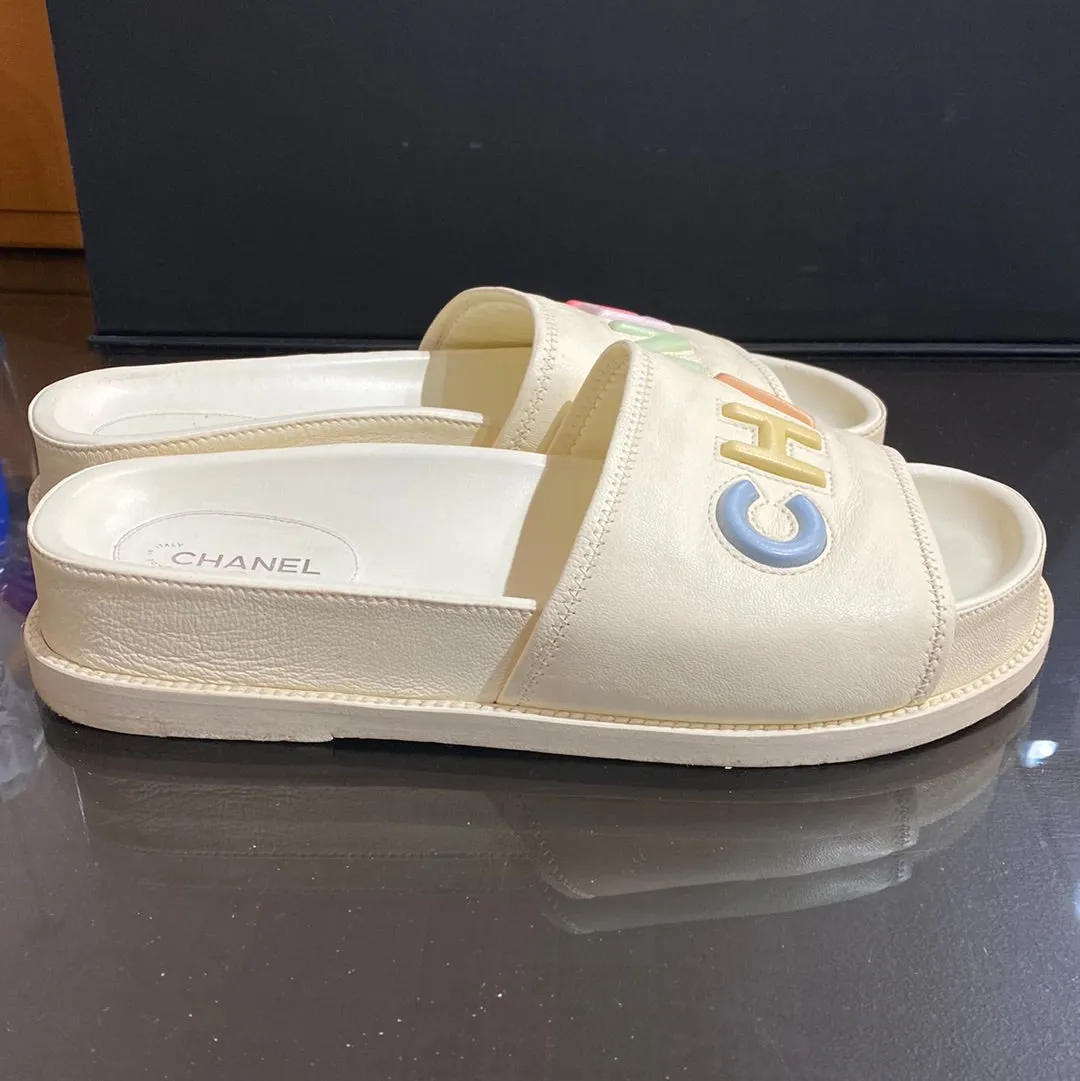 Chanel Cream Leather CHA NEL Multicolor Slides