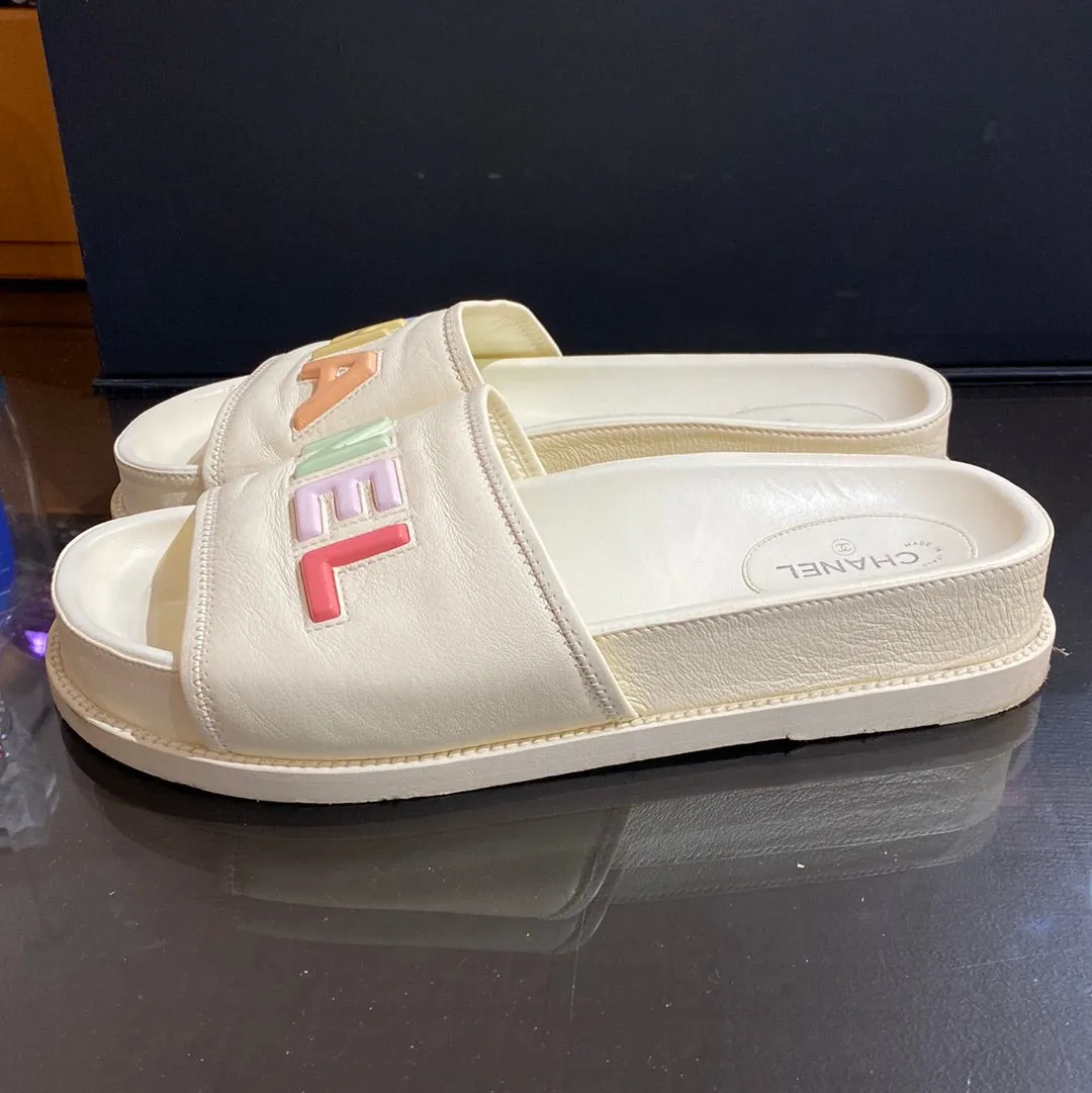 Chanel Cream Leather CHA NEL Multicolor Slides