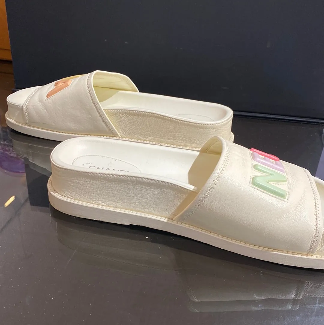 Chanel Cream Leather CHA NEL Multicolor Slides