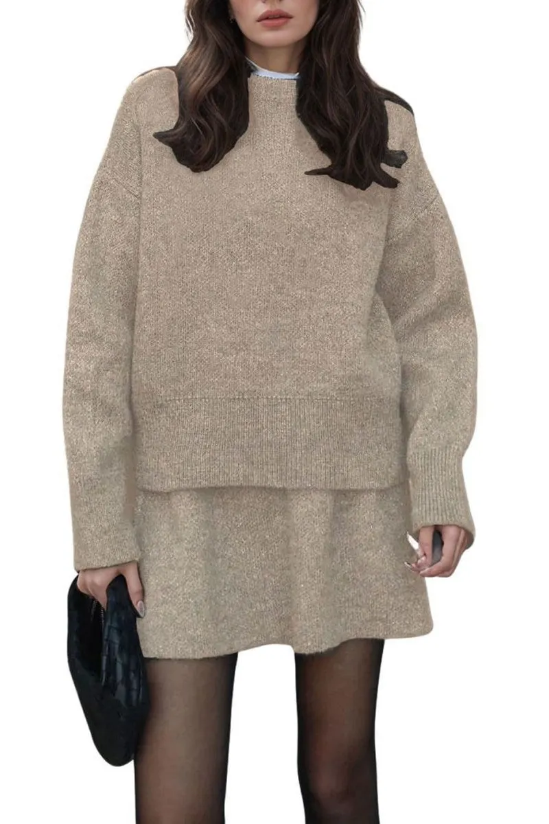Chouyatou Women Sweater Skirt Sets 2 Pieces Outfits Loose Fit Pullover Sweater Knitted Mini Skirt