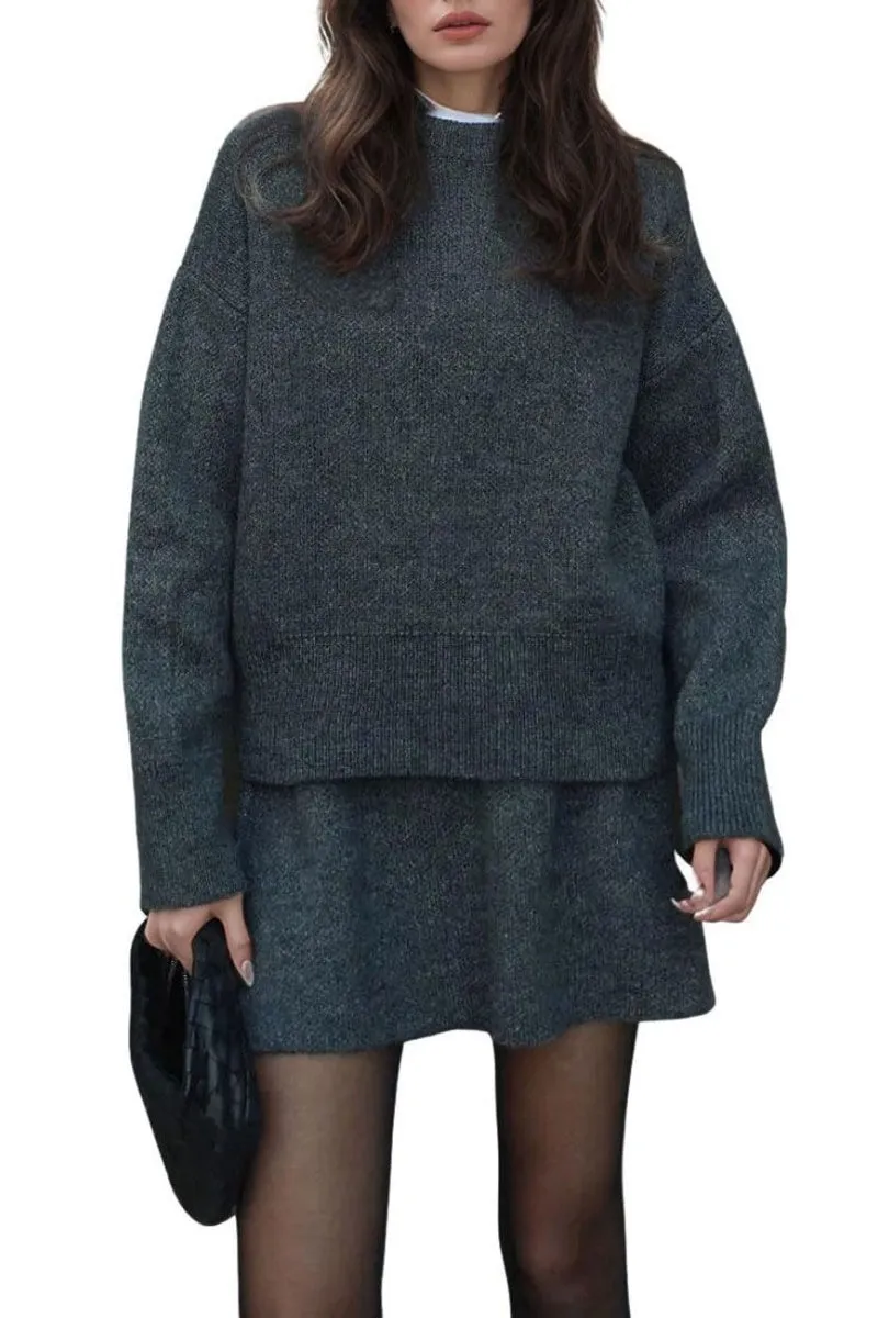 Chouyatou Women Sweater Skirt Sets 2 Pieces Outfits Loose Fit Pullover Sweater Knitted Mini Skirt