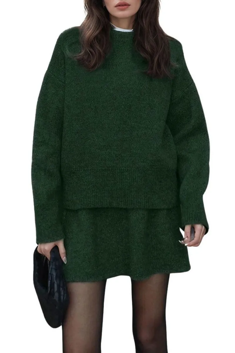 Chouyatou Women Sweater Skirt Sets 2 Pieces Outfits Loose Fit Pullover Sweater Knitted Mini Skirt