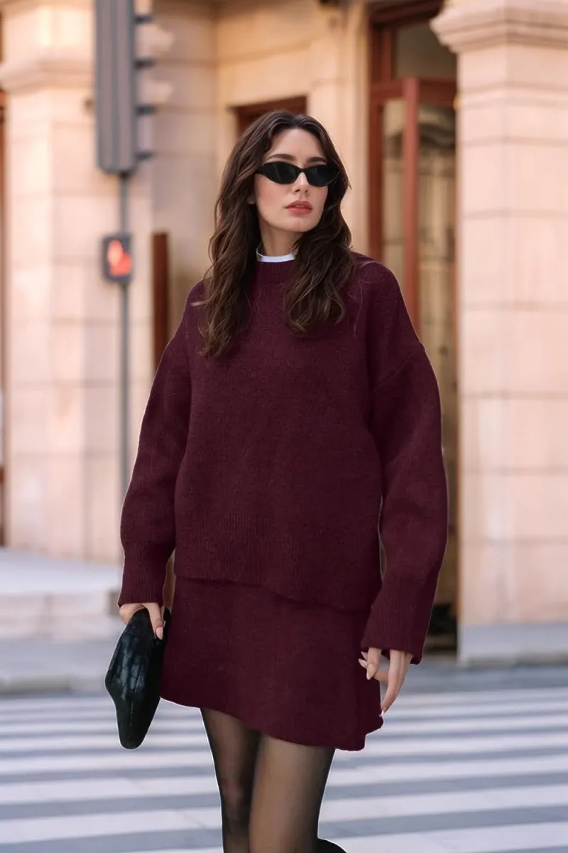 Chouyatou Women Sweater Skirt Sets 2 Pieces Outfits Loose Fit Pullover Sweater Knitted Mini Skirt