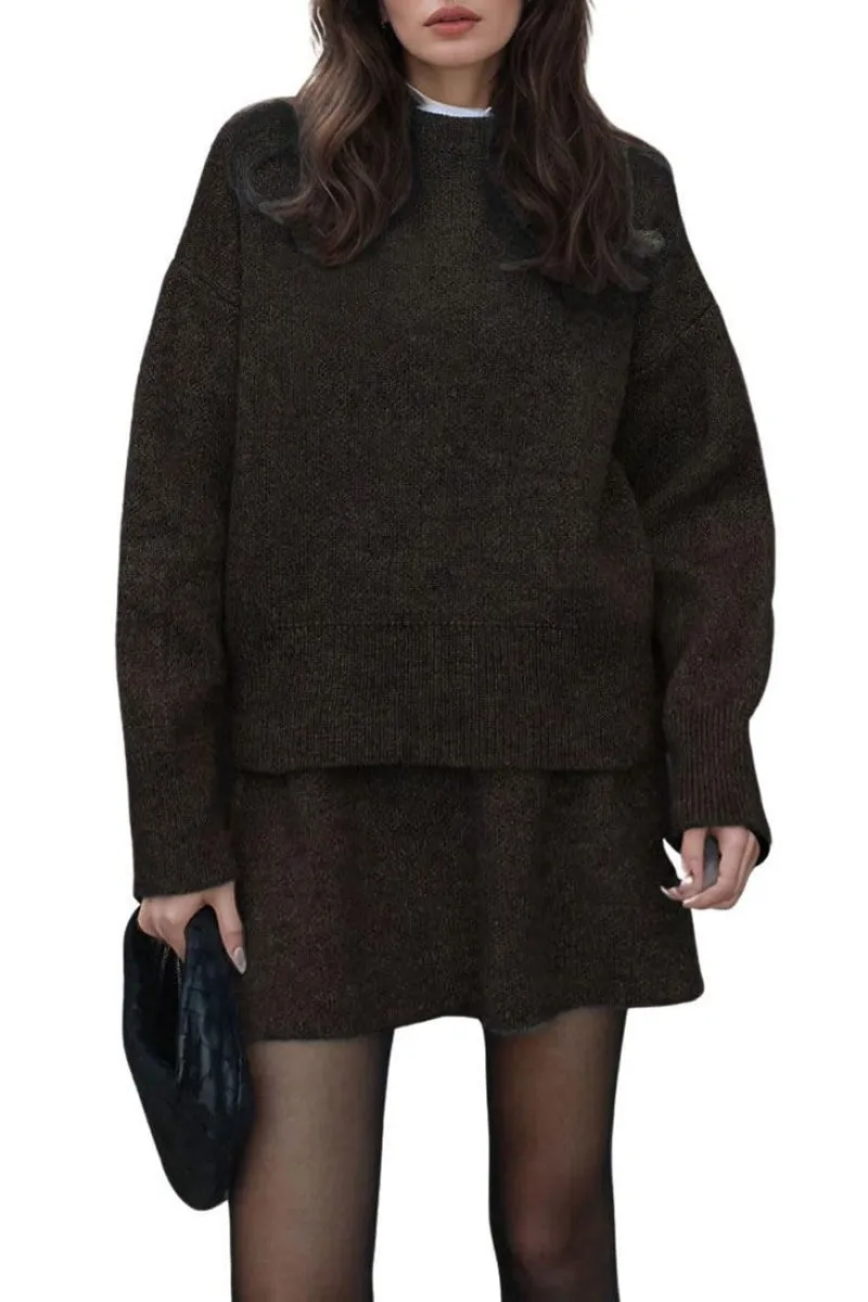 Chouyatou Women Sweater Skirt Sets 2 Pieces Outfits Loose Fit Pullover Sweater Knitted Mini Skirt