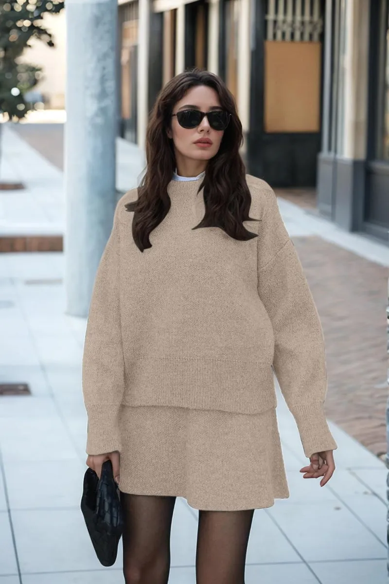 Chouyatou Women Sweater Skirt Sets 2 Pieces Outfits Loose Fit Pullover Sweater Knitted Mini Skirt