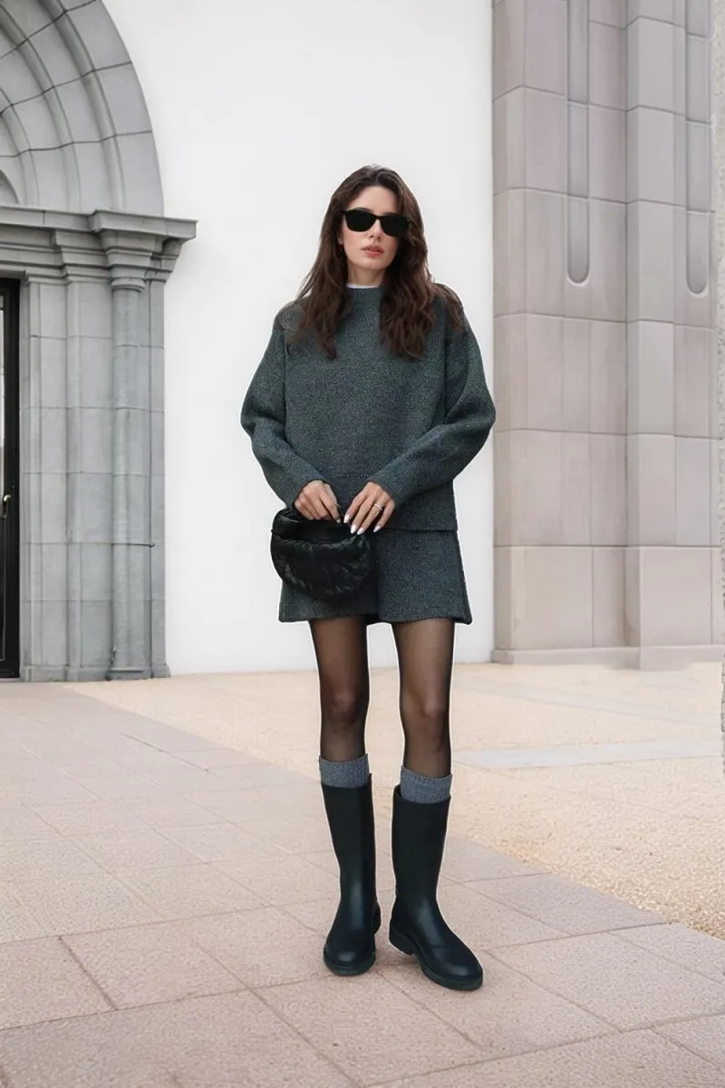 Chouyatou Women Sweater Skirt Sets 2 Pieces Outfits Loose Fit Pullover Sweater Knitted Mini Skirt