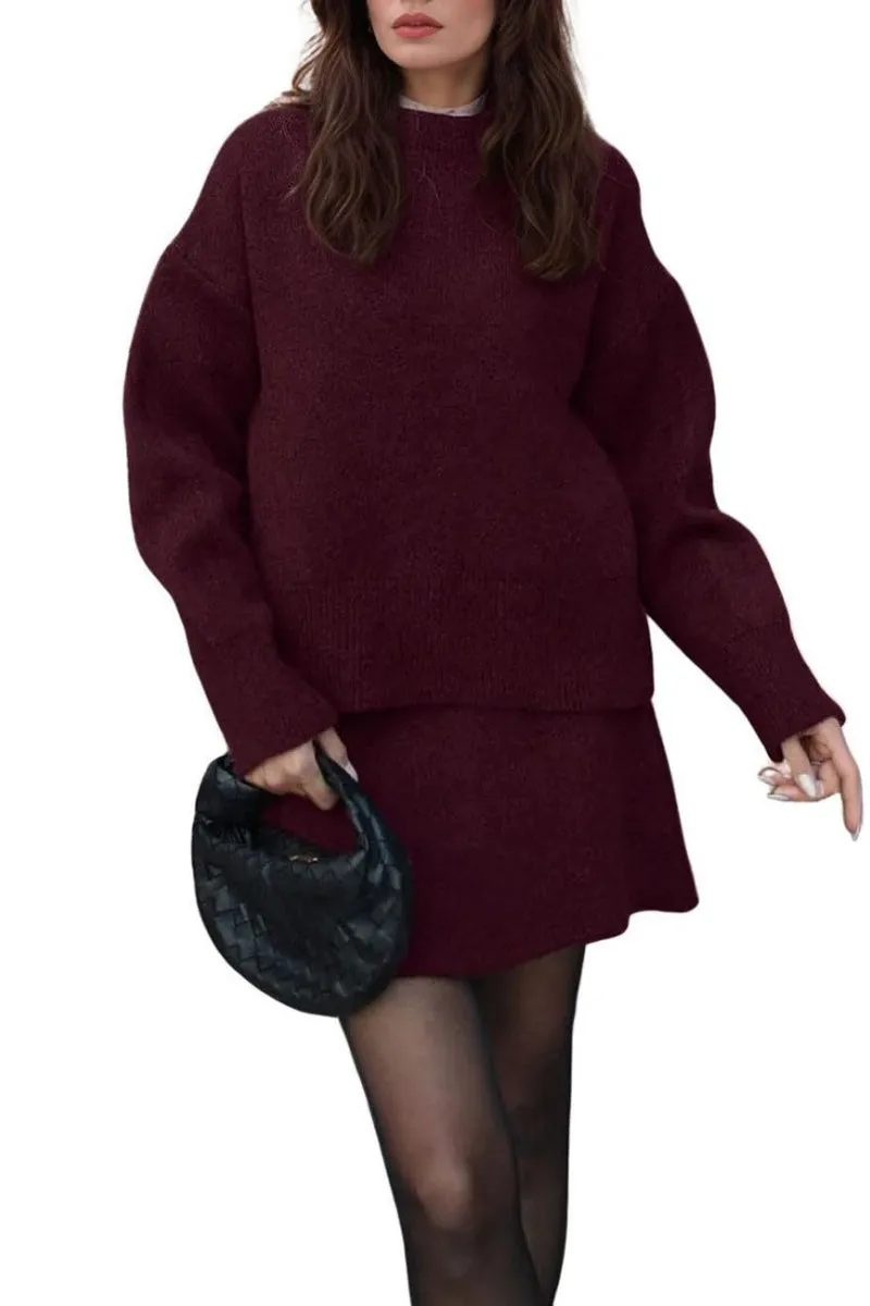 Chouyatou Women Sweater Skirt Sets 2 Pieces Outfits Loose Fit Pullover Sweater Knitted Mini Skirt
