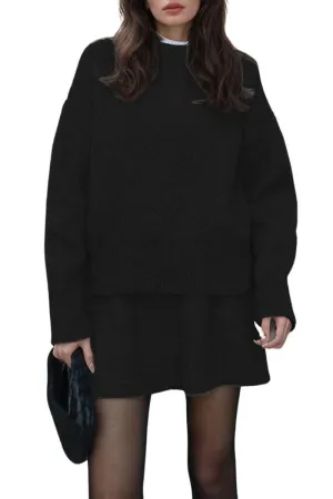 Chouyatou Women Sweater Skirt Sets 2 Pieces Outfits Loose Fit Pullover Sweater Knitted Mini Skirt